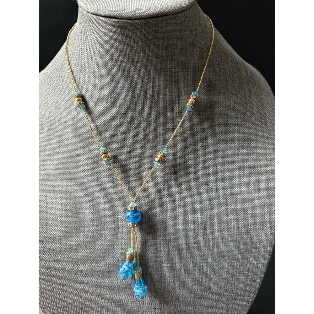 Murano Glass Seed Bead Y Necklace Tassel Blue Gold Boho Coastal Handcrafted